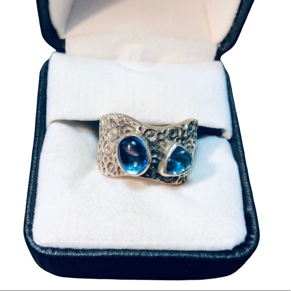 Jewelry - Double Stone Blue Topaz Wide Hammered Band Sterling Silver Ring sz 7 Cocktail